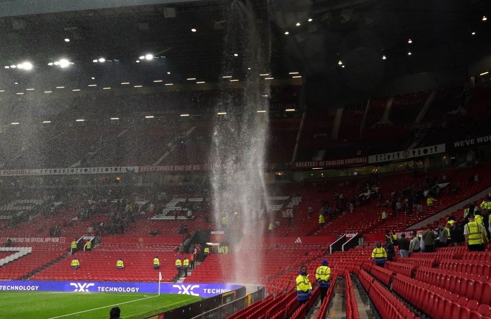 Water leaking from Old Trafford stadium roof.