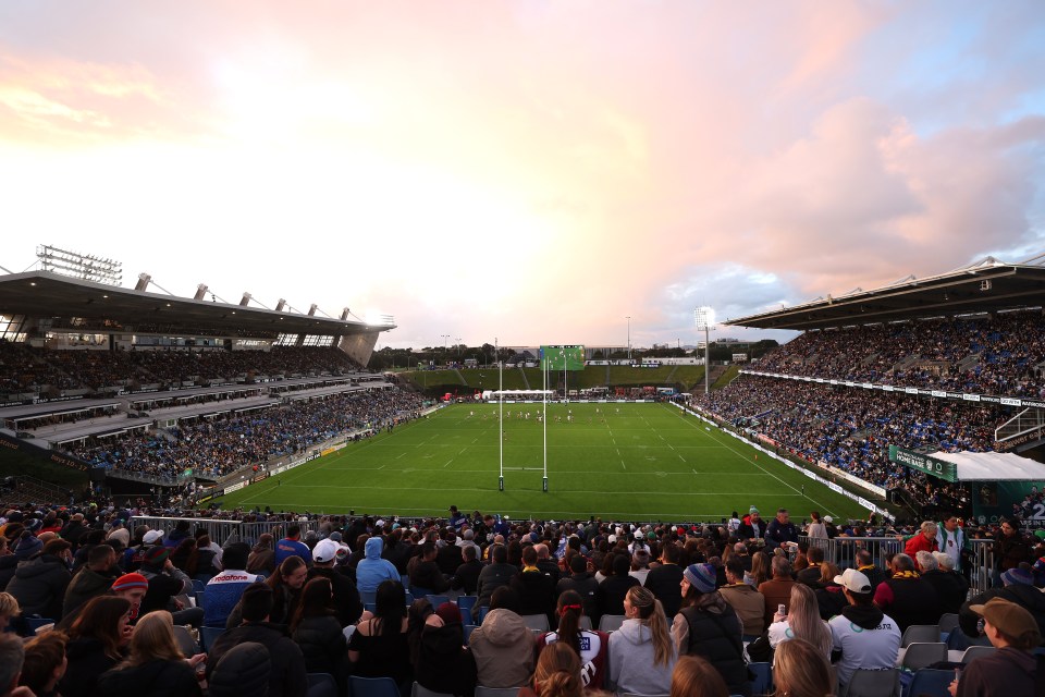 General view of a rugby league match at Go Media Stadium Mt Smart.