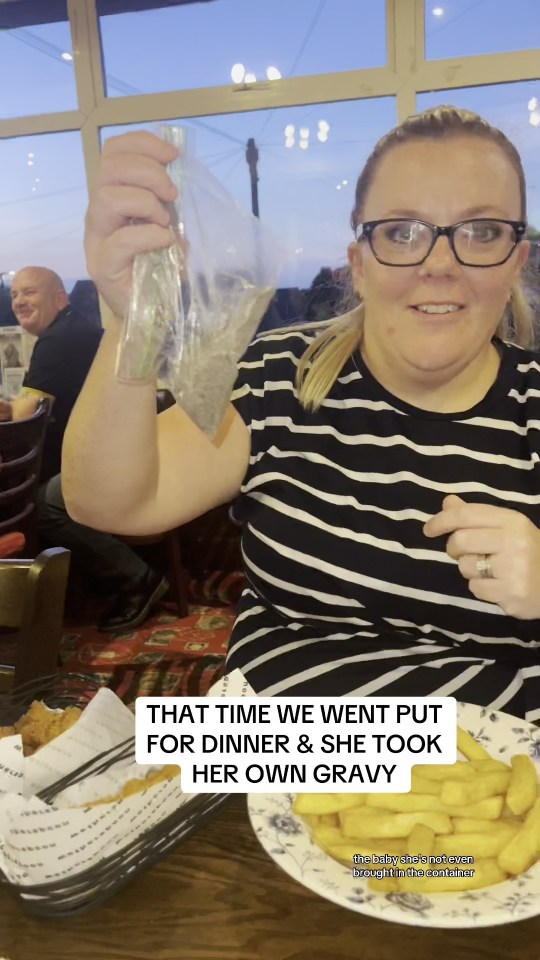 Woman brings own gravy to restaurant.