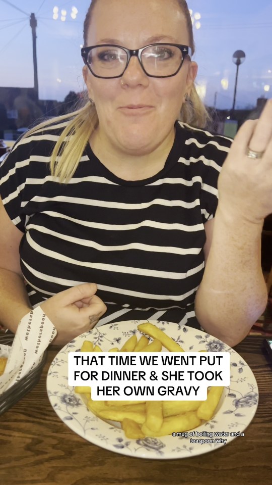 Woman brings own gravy to restaurant.