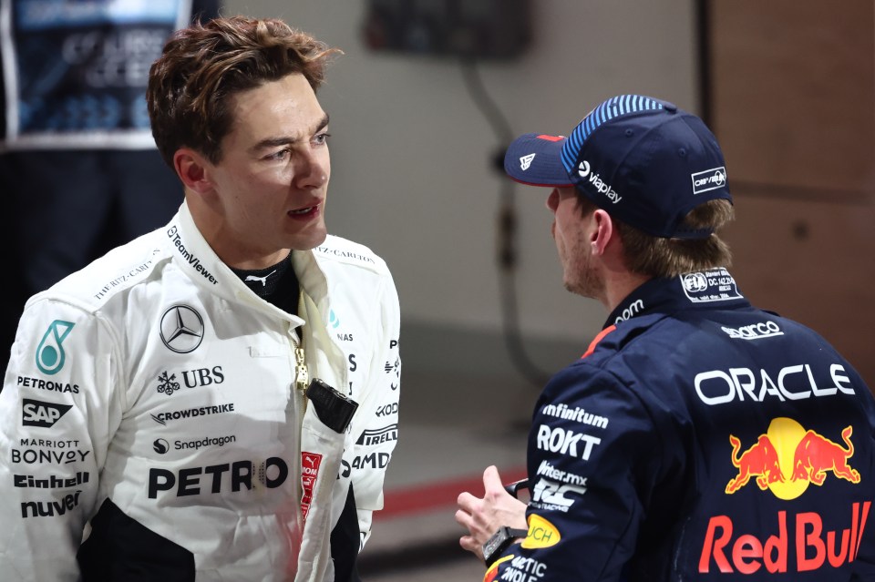 George Russell of Mercedes and Max Verstappen of Red Bull Racing speaking after Formula 1 qualifying.