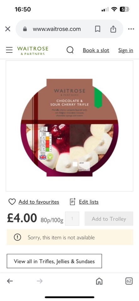 Waitrose has continued the Chocolate and Sour Cherry Trifle