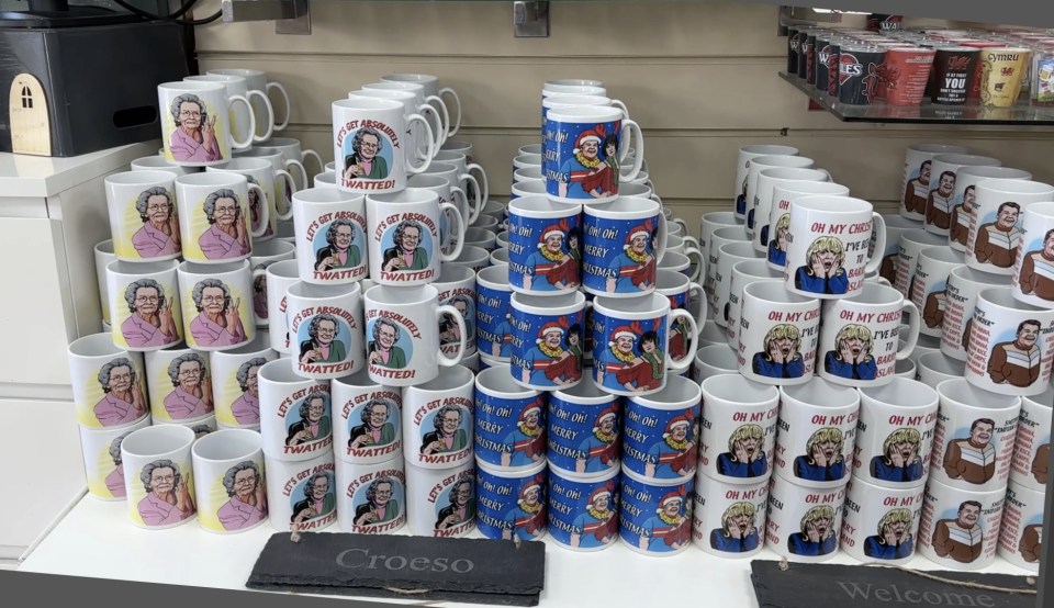 Souvenir mugs featuring Gavin & Stacey characters on sale at Barry Island.