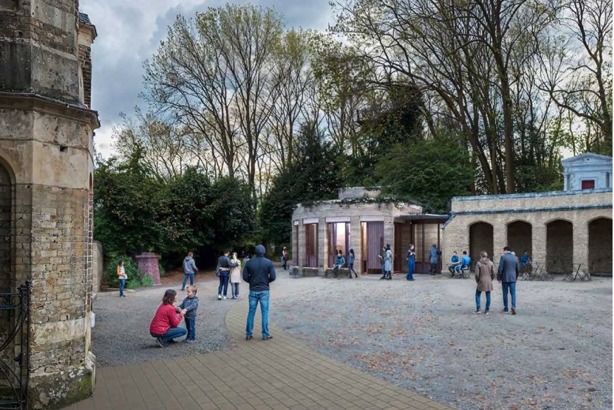 Architectural rendering of Highgate Cemetery's proposed design, showing a new building and visitors.