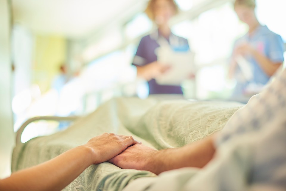 A visitor holds the hand of a patient lying in a hospital bed.