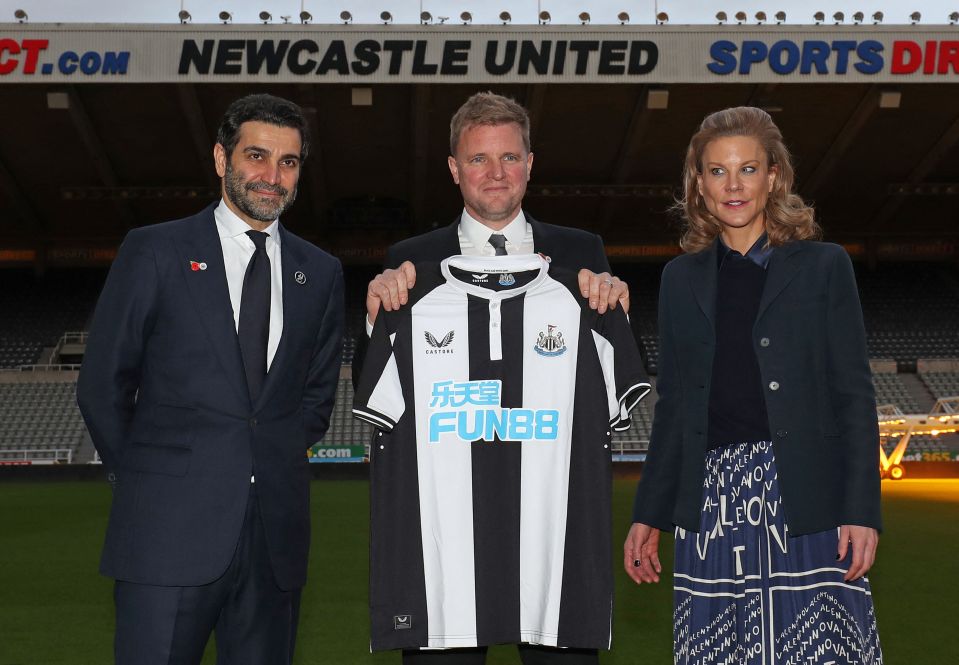 Eddie Howe, Amanda Staveley, and Mehrdad Ghodoussi at a Newcastle United press conference.