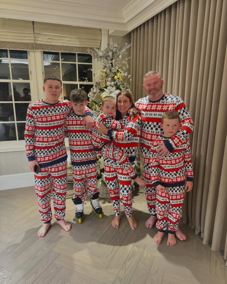 Wayne, Coleen and their kids in matching Christmas pyjamas