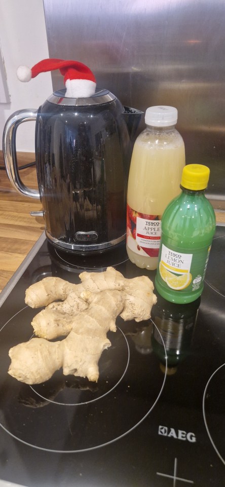 Ingredients for a hangover cure: kettle, apple juice, lemon juice, and ginger.