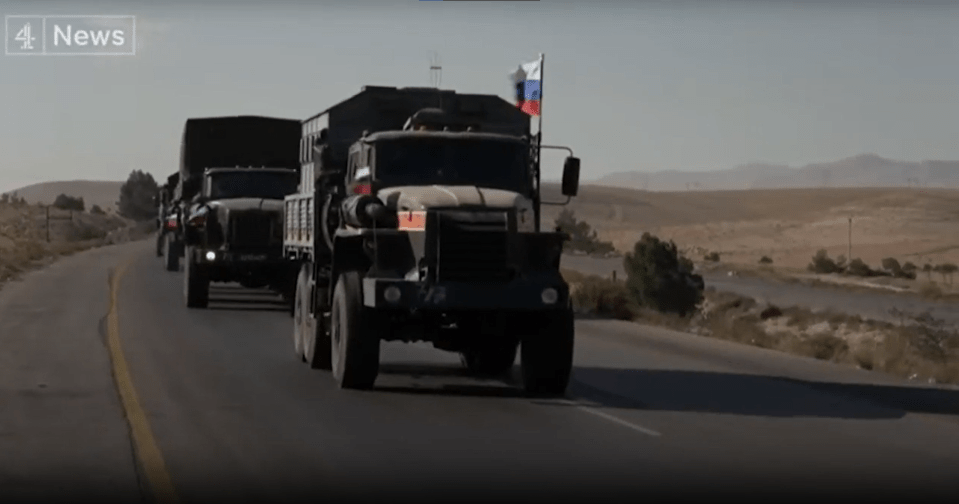 Scores of Russian military trucks were seen leaving Syria