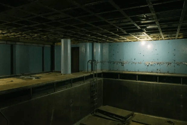 An empty pool remains inside the retired SS United States ocean liner ship as a reminder of a bygone era