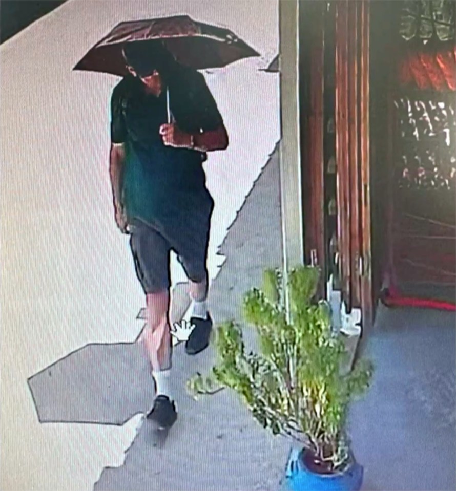 Surveillance image of a person with an umbrella.