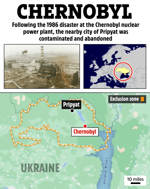 Map showing Chernobyl exclusion zone in Ukraine, including Pripyat.