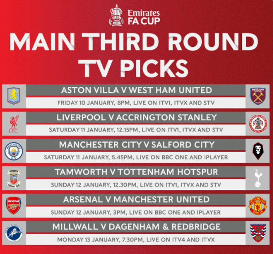 The selected FA Cup third-round ties to be televised