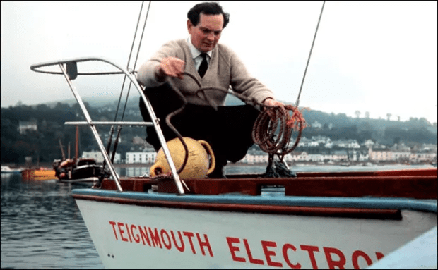 Donald Crowhurst making final preparations to his boat, Teignmouth Electron, before setting sail on his ill-fated voyage in 1968