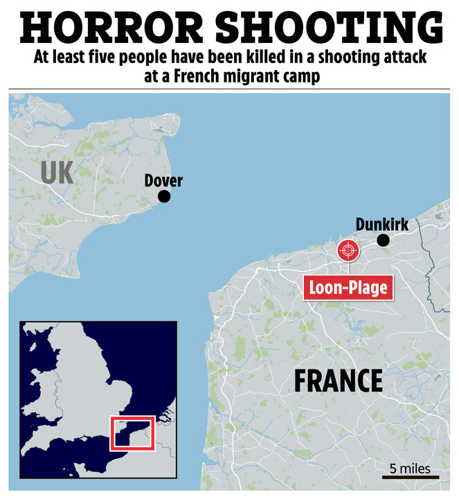 Map showing location of shooting at Loon-Plage migrant camp, France.