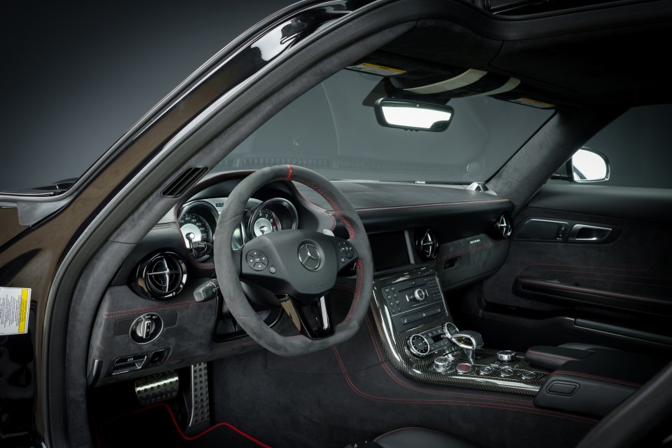 Interior view of a black 2014 Mercedes-Benz SLS AMG Black Series.