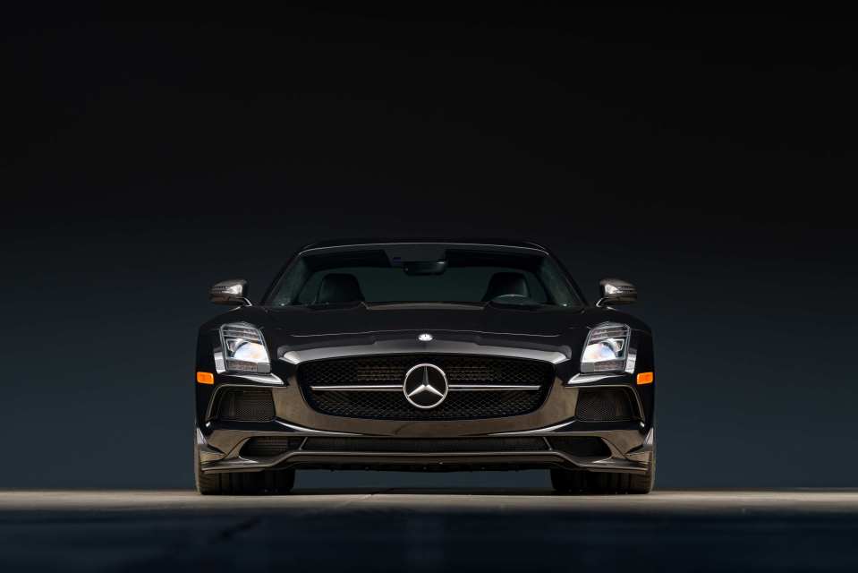 Front view of a black 2014 Mercedes-Benz SLS AMG Black Series.