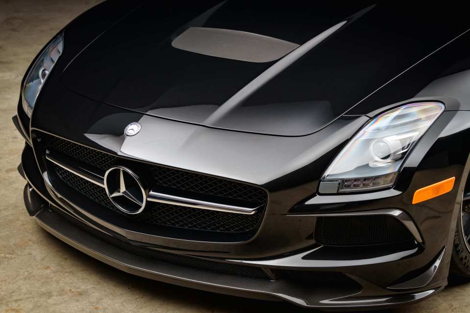 Close-up of a black Mercedes-Benz SLS AMG Black Series.