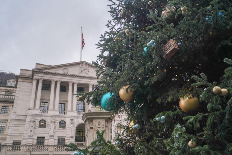 Christmas tree ornaments in front of the Bank of England.