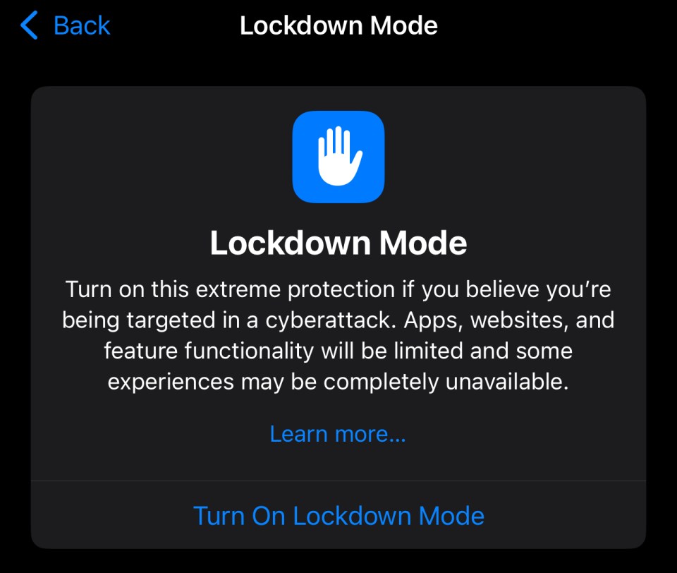 iPhone Lockdown Mode prompt:  extreme protection for cyberattacks; limits app and website functionality.