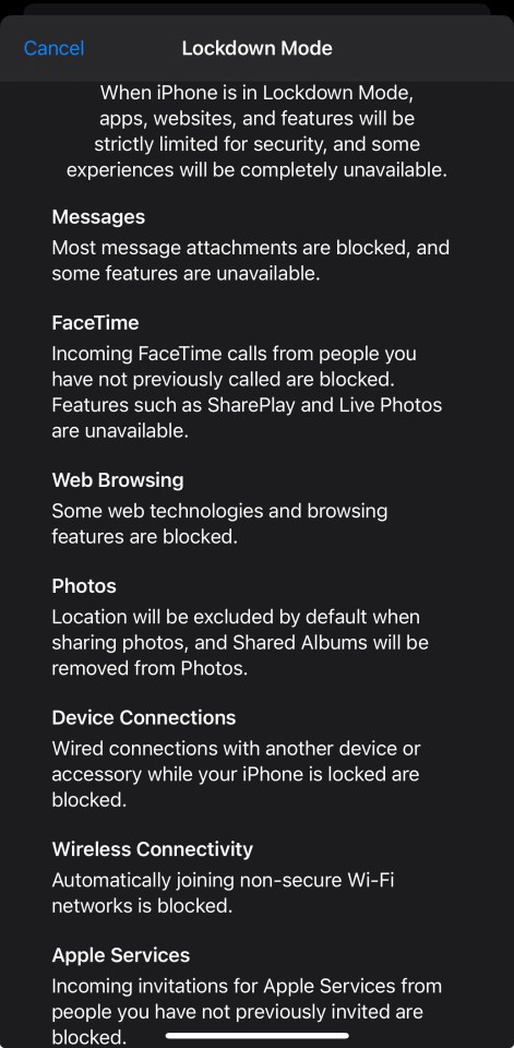 iPhone Lockdown Mode details: restricted apps, websites, features, messages, FaceTime calls, web browsing, photos, device connections, and wireless connectivity.