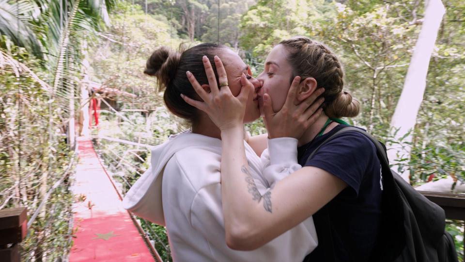 Ella Rutherford and GK Barry kissed after being reunited on the famous I'm A Celeb bridge