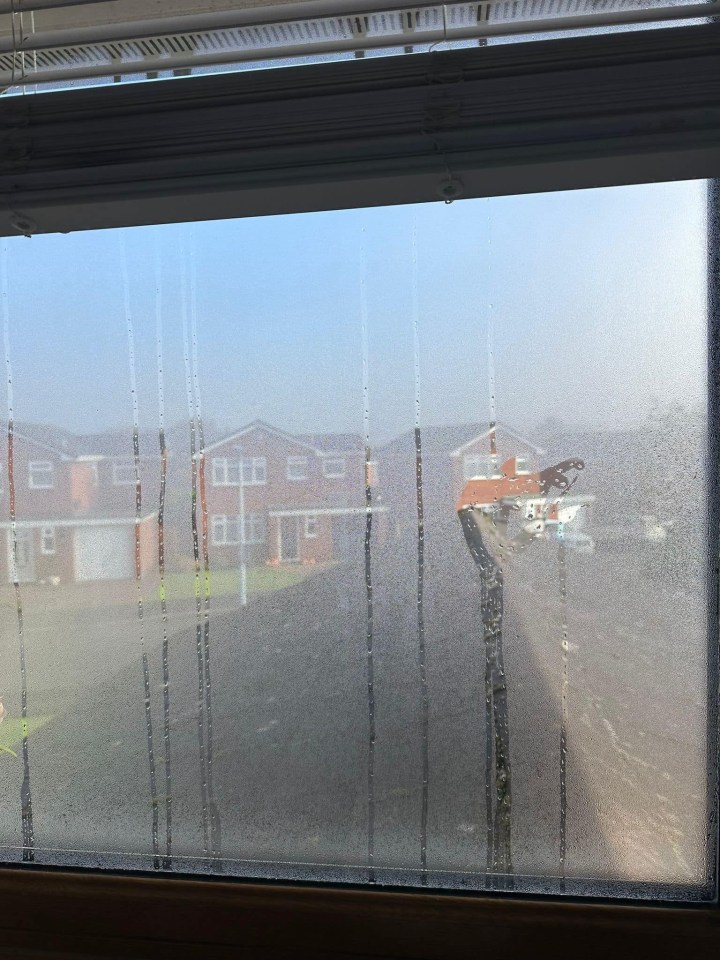 Window condensation obscuring the view of houses.