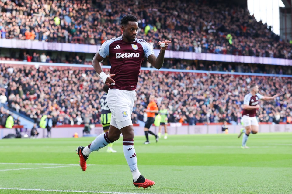 Jhon Duran of Aston Villa celebrates scoring a goal.