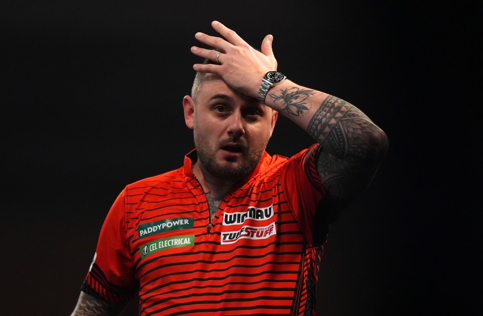 Joe Cullen reacts to a defeat at the World Darts Championship.