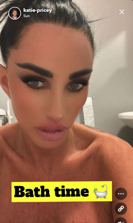 Katie Price shows off her painfully tight £10k face after stripping naked for a bath selfie on a break from panto