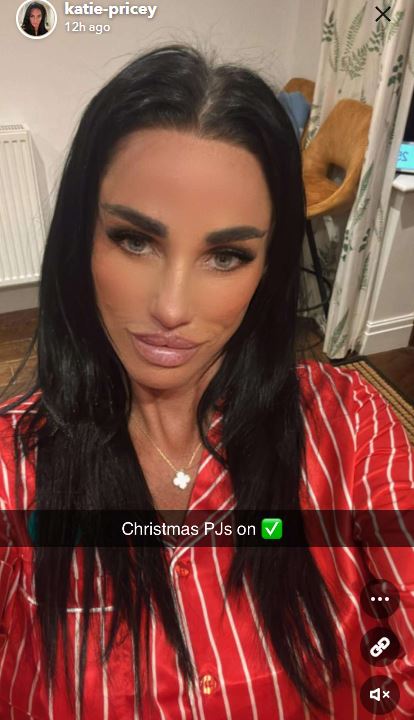 Katie Price in red and white striped pajamas on Christmas Eve.