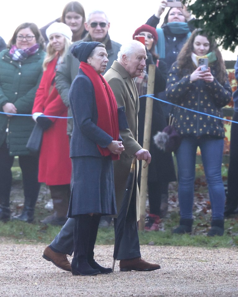 King Charles III and Princess Anne walking at Sandringham.