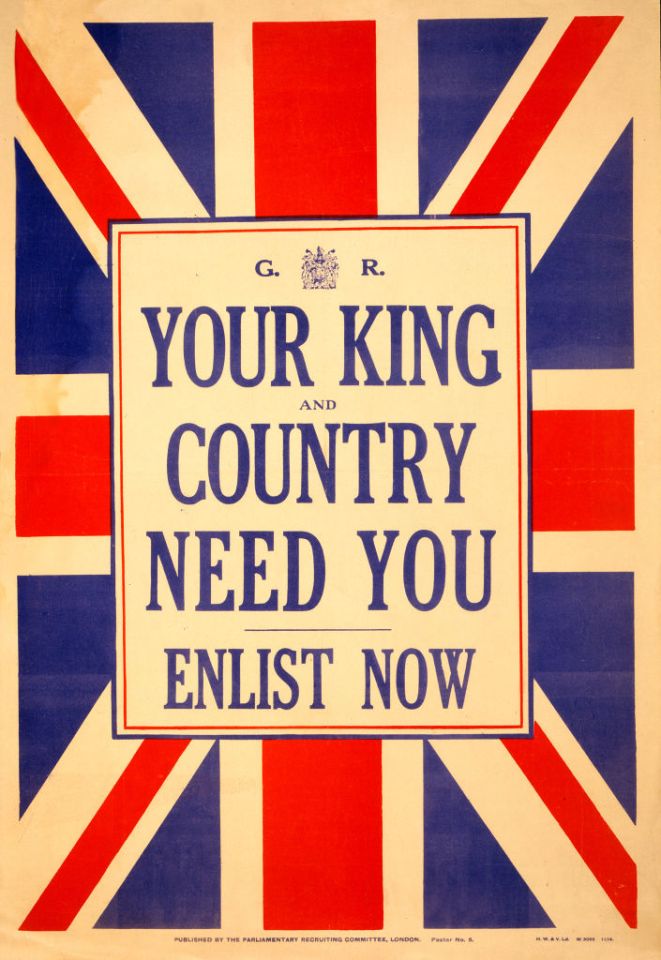 British WWI recruitment poster urging enlistment.