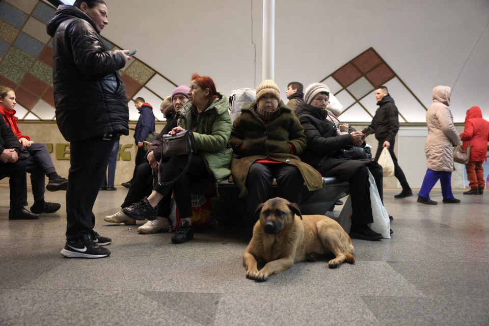 Civilians sheltering in a Kyiv metro station during an air raid.