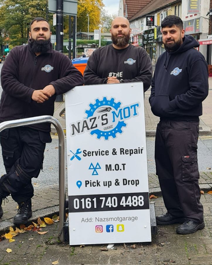 The official sign for Naz’s MOT Garage in Leicester