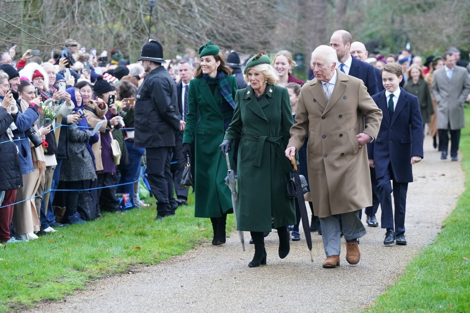 The King and Queen, with other members of the Royal Family, walking to a Christmas Day service.