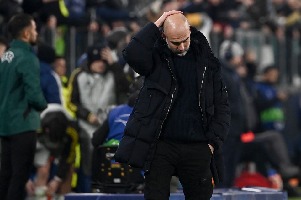 Pep Guardiola looking concerned at a soccer match.