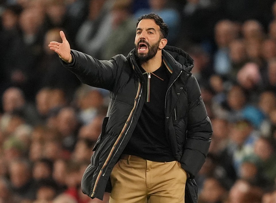 Ruben Amorim, Manchester United manager, gesturing on the touchline.