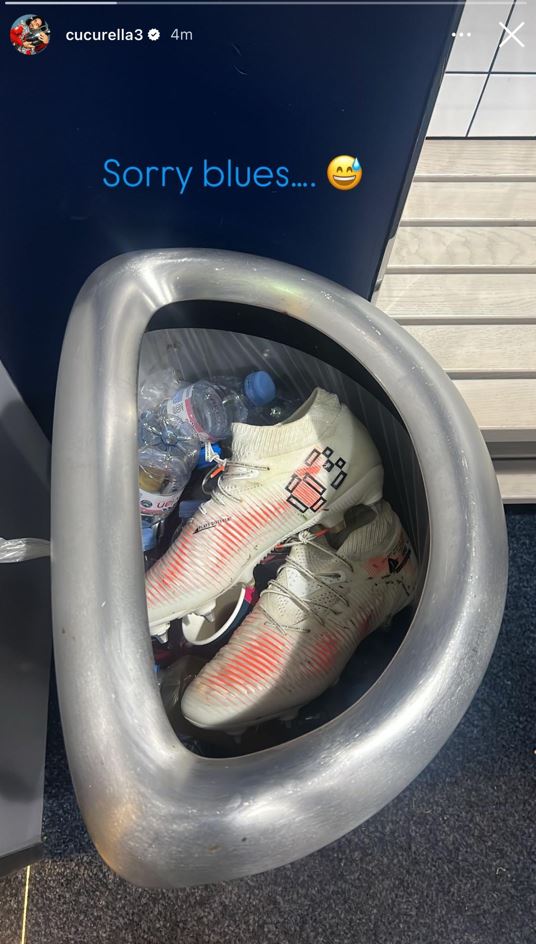 Soccer cleats discarded in a trash can after two slips during a match.