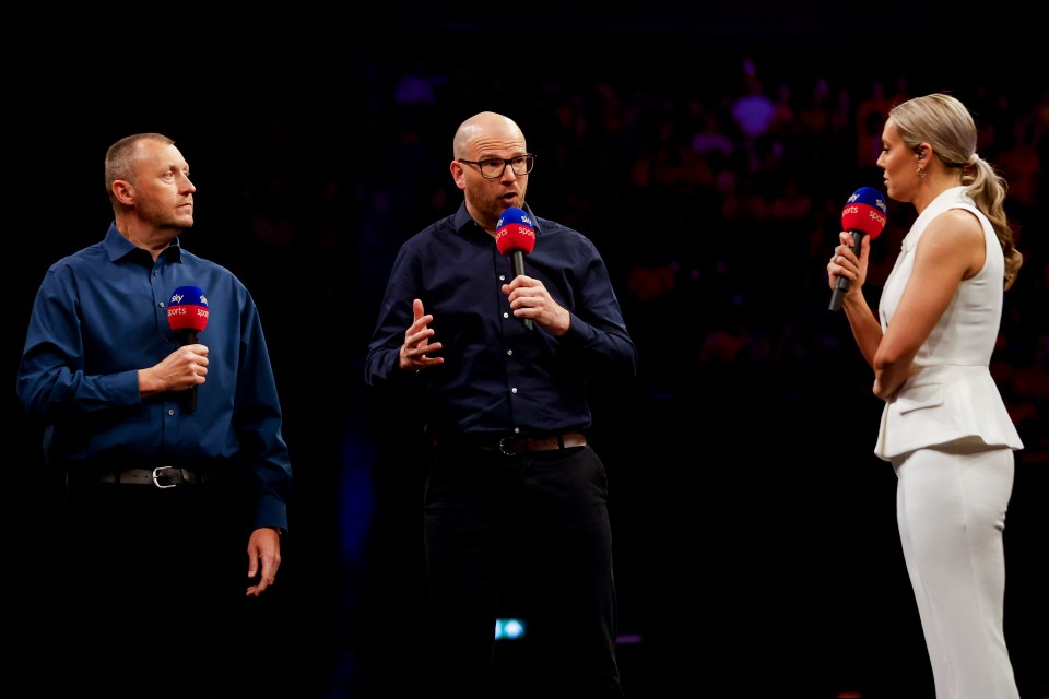 Three Sky Sports presenters at a Premier League Darts Quarter Final.