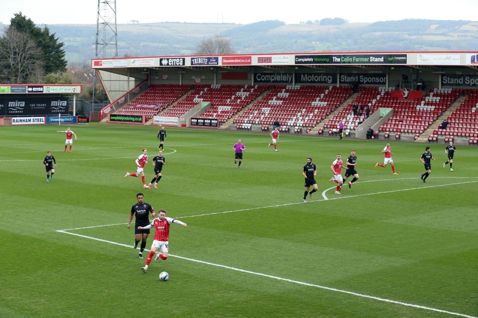 Soccer match between Cheltenham Town and Salford City at the Jonny-Rocks Stadium.