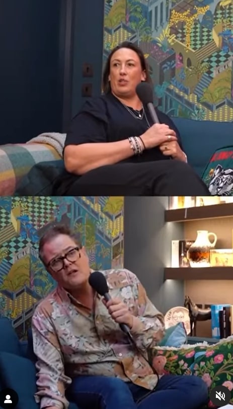 Miranda Hart and Alan Carr on a podcast.