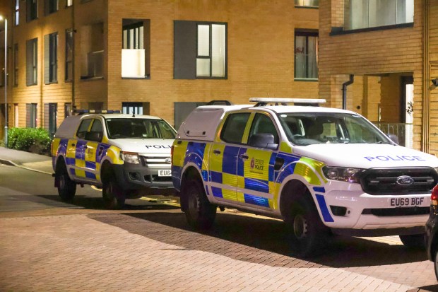 Two Essex Police vehicles parked outside a residential building at night.