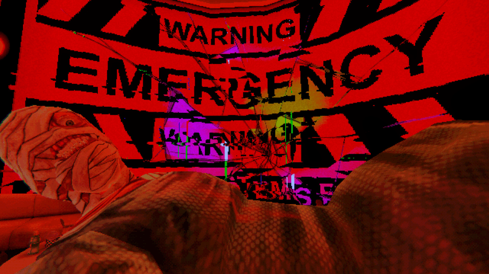 Mummy-like figure lying down in front of a glitching emergency warning sign.