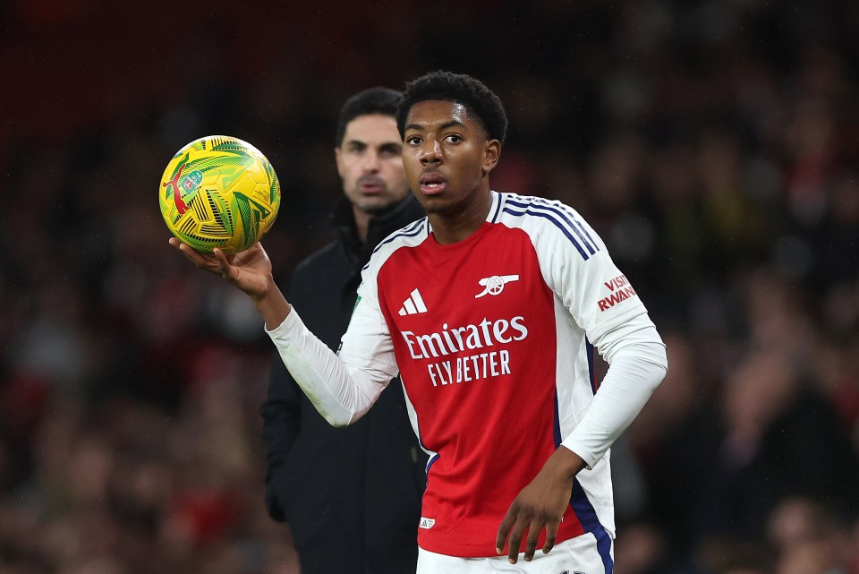 Myles Lewis-Skelly of Arsenal holds a soccer ball.