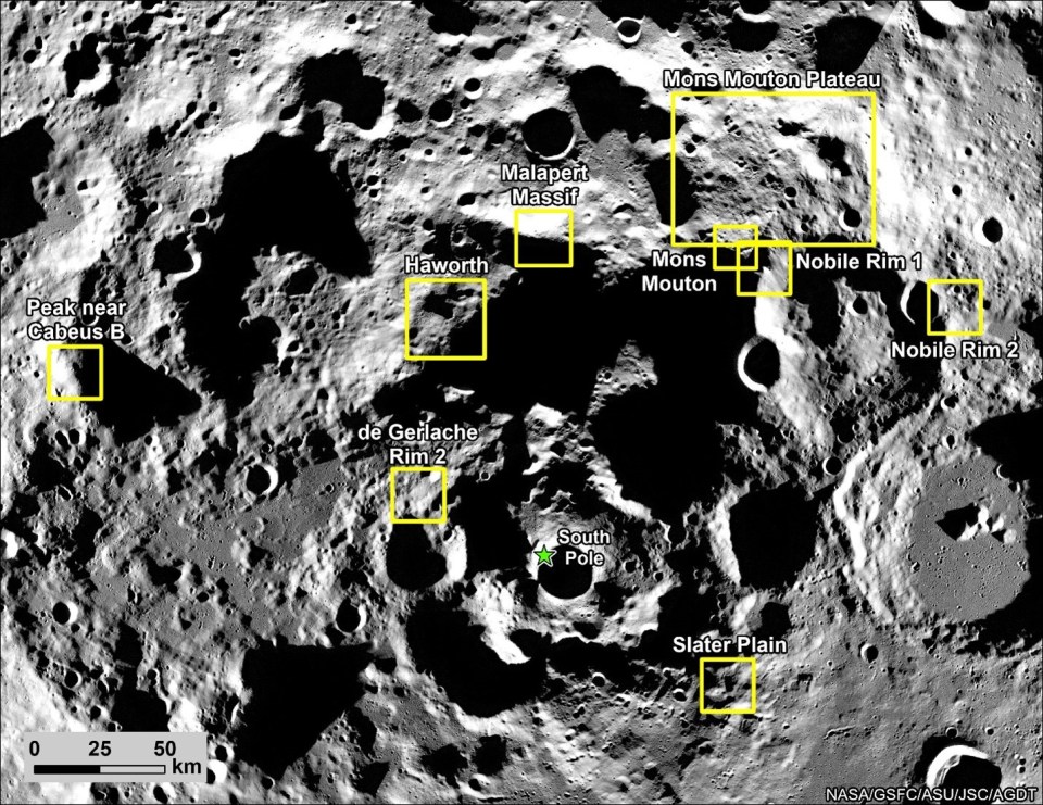 Nasa revealed this image showing the nine potential landing regions for its crewed Artemis 3 mission to the Moon's south pole