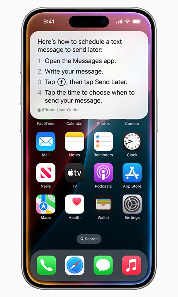 iPhone screen showing how to schedule a text message.