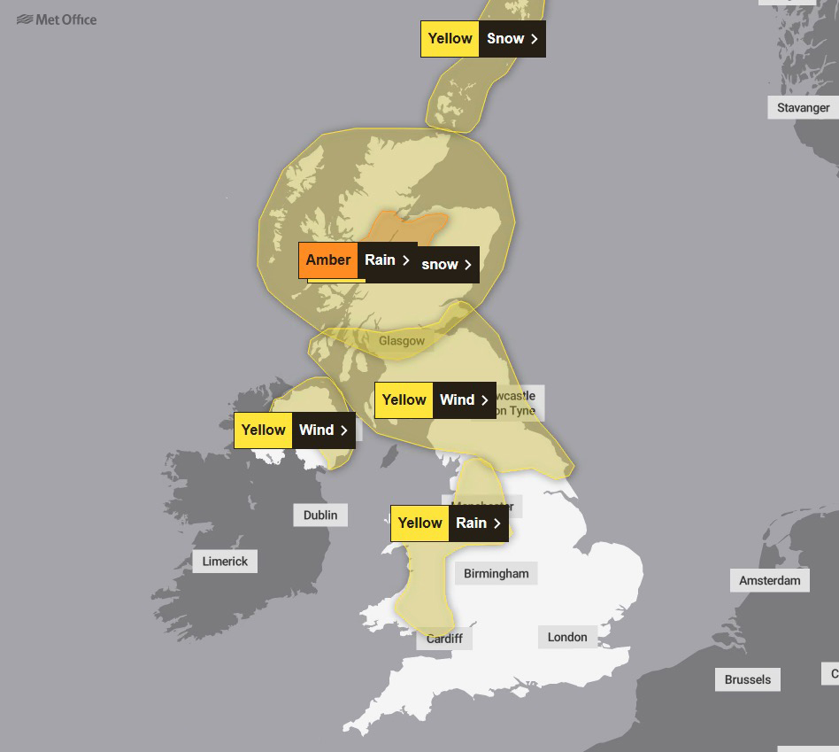 Six Met Office weather warnings cover the UK on New Year's Eve