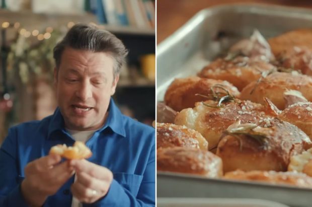 A man holding a piece of food and a close-up of roasted potatoes with garlic and rosemary.