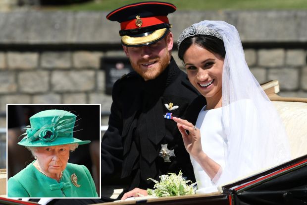 Prince Harry and Meghan Markle in a carriage, with Queen Elizabeth II in a separate inset image.